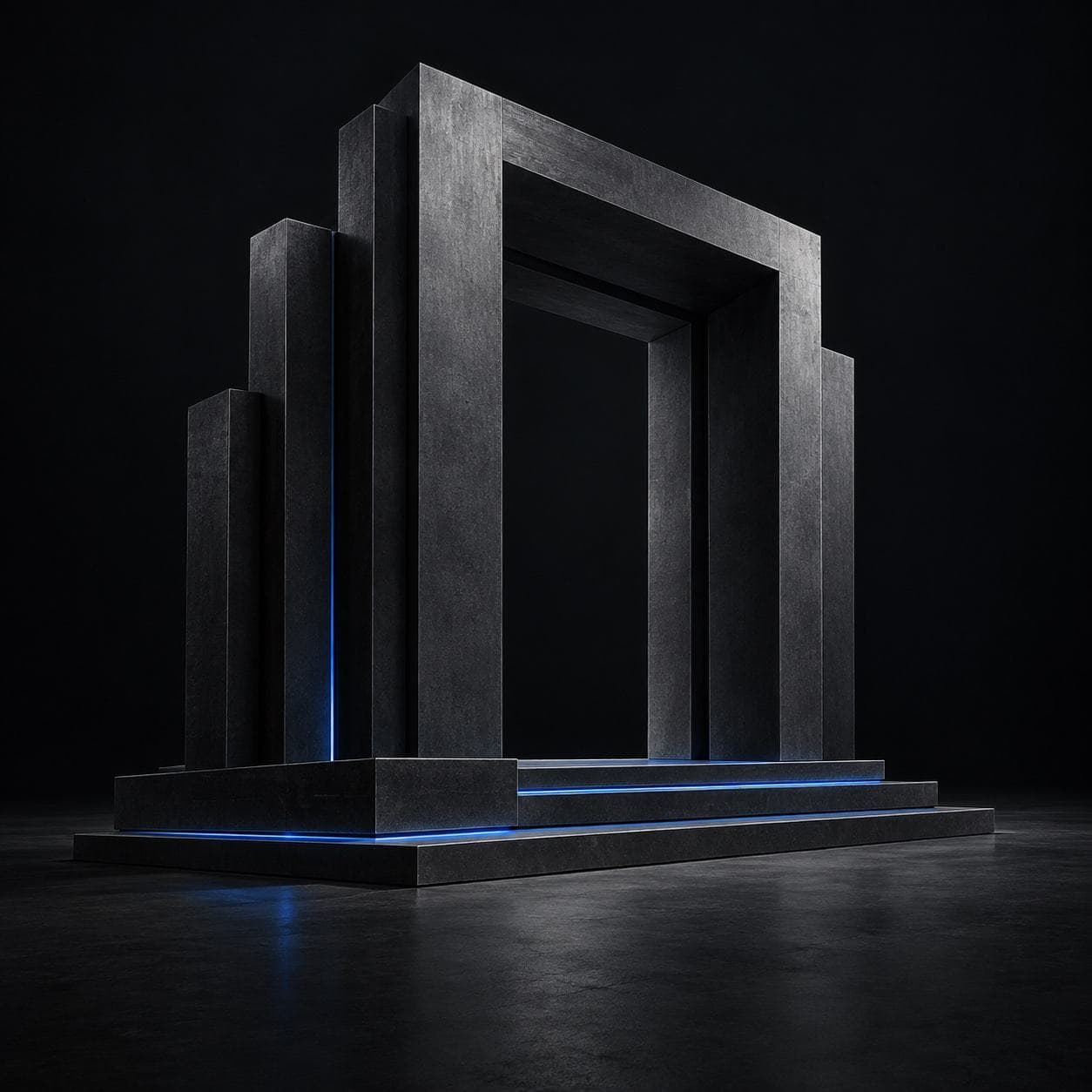 Graphite architectural portal with a blue-lit foundation